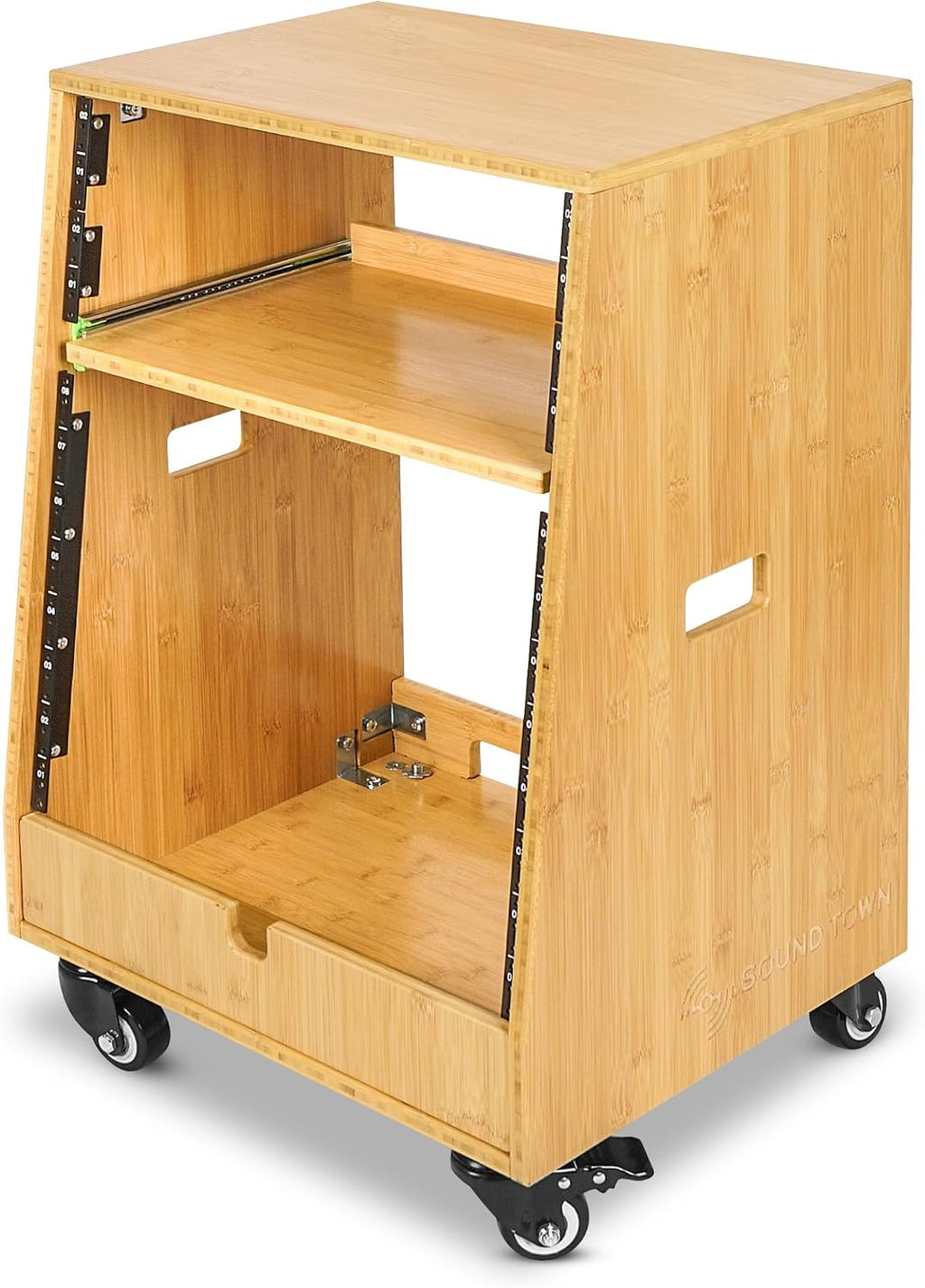 Sound Town DIY Solid Carbonized Bamboo Slanted 12U Studio Rack (4U Top + 8U Lower), with 2U Bottom Storage, Slide-Out Tray, Caster, For Recording Room, Home Studio (STBR-ST12T)