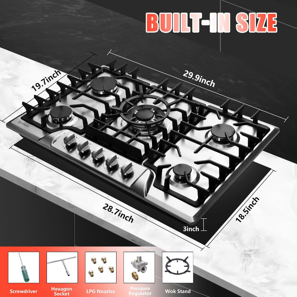 Gas Cooktop 30 Inch, Built-in 5 Burners Gas Stovetop Stainless Steel LPG/NG Convertible Gas Stove Dual Fuel Sealed Gas Cooktop