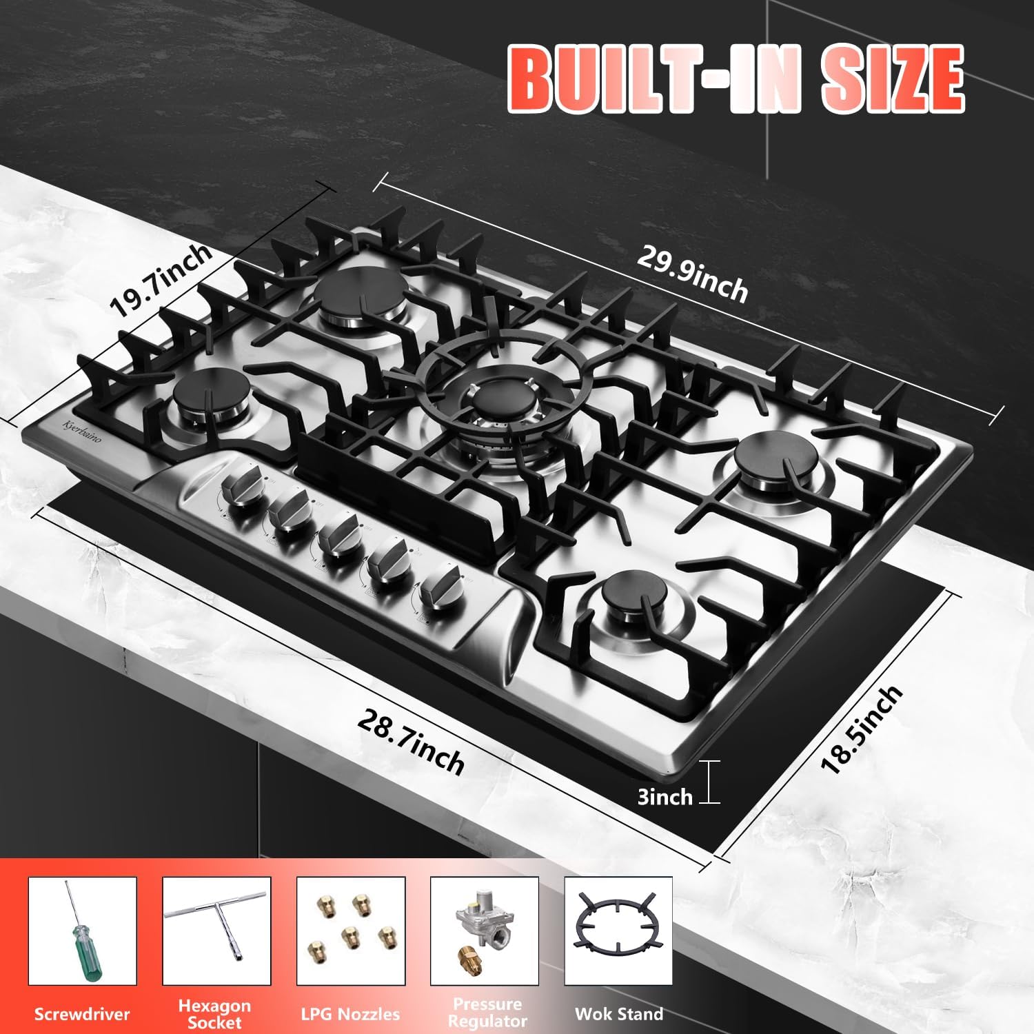 Gas Cooktop 30 Inch, Built-in 5 Burners Gas Stovetop Stainless Steel LPG/NG Convertible Gas Stove Dual Fuel Sealed Gas Cooktop