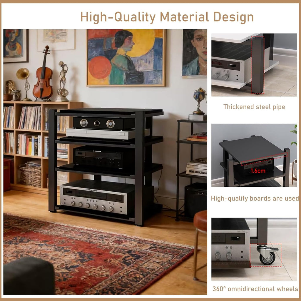 Heavy Duty Audio Component Rack, Wheels with 360° Brakes Av Media Stand, Black Cd Stereo Equipment Cabinet, Suitable for Home,Office/Audio Video/Theate(Black, 4 Tier)