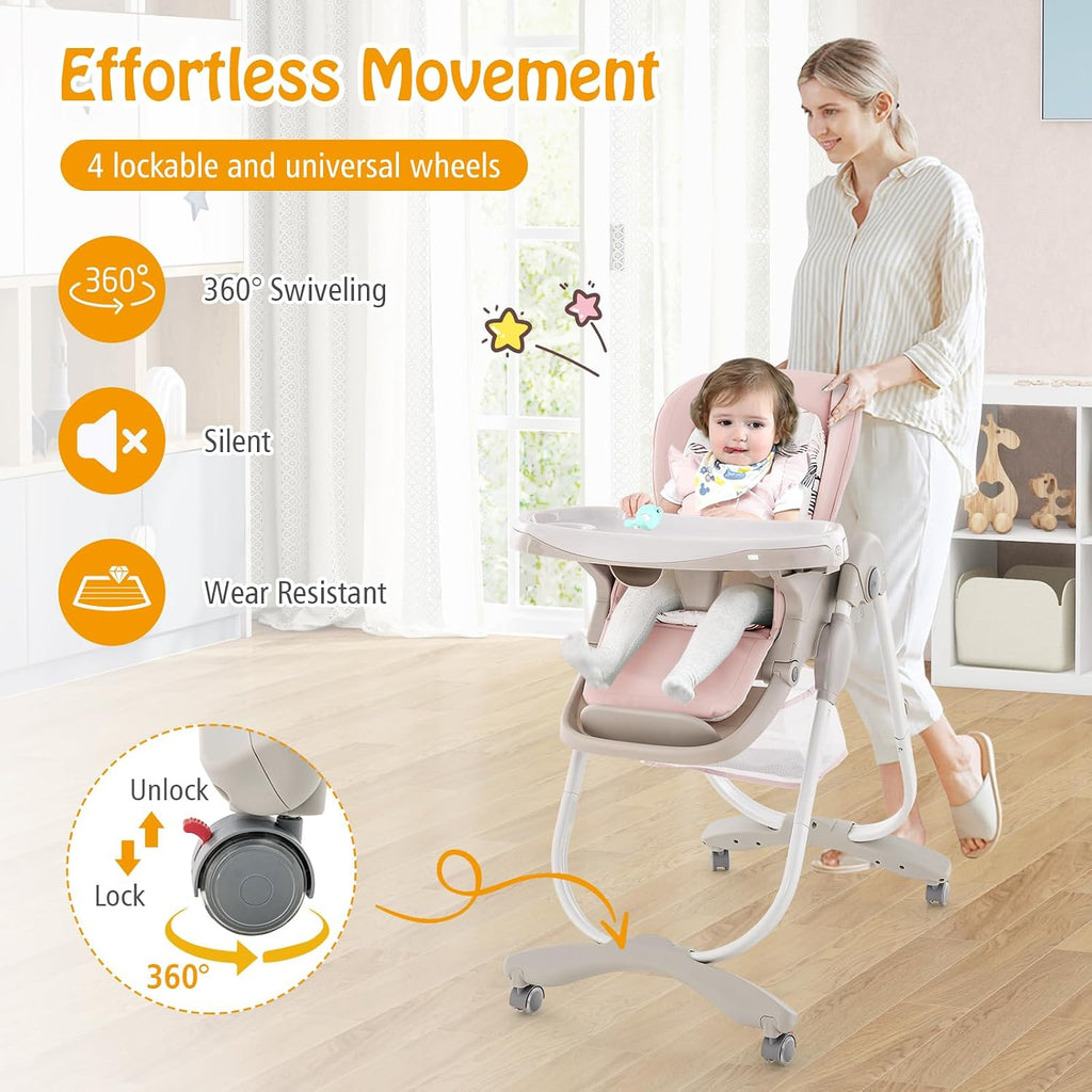 HONEY JOY Baby High Chair, Foldable High Chairs for Babies and Toddlers, Adjustable Heights, Recline Backrest & Footrest, Double-Layer Tray & Cushion, Portable Infant Highchair with Wheels (Pink)