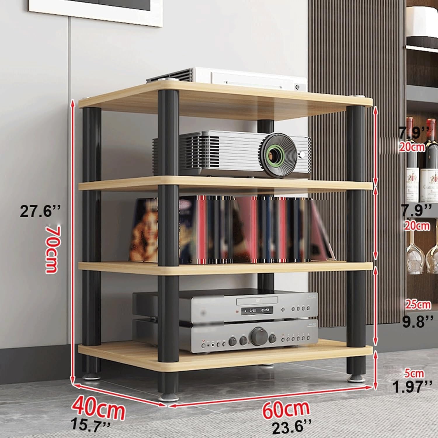 Audio Rack Multi-Layer Stereo Rack Audio Equipment Rack Audio Open Rack Cabinet Wooden HiFi Rack Audio-Video Shelving with Steel Pipe(Natural,4 Tier)
