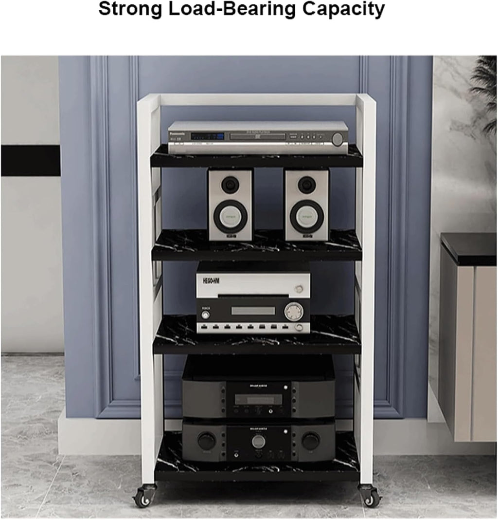 Audio Rack 4 Tier Stereo Rack Audio Equipment Rack Audio Stereo Shelf Wooden Open HiFi Rack Audio-Video Shelving with Wheels Movable(Wei�)