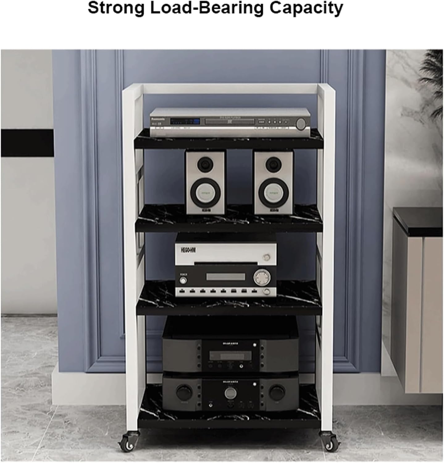 Audio Rack 4 Tier Stereo Rack Audio Equipment Rack Audio Stereo Shelf Wooden Open HiFi Rack Audio-Video Shelving with Wheels Movable(Wei�)