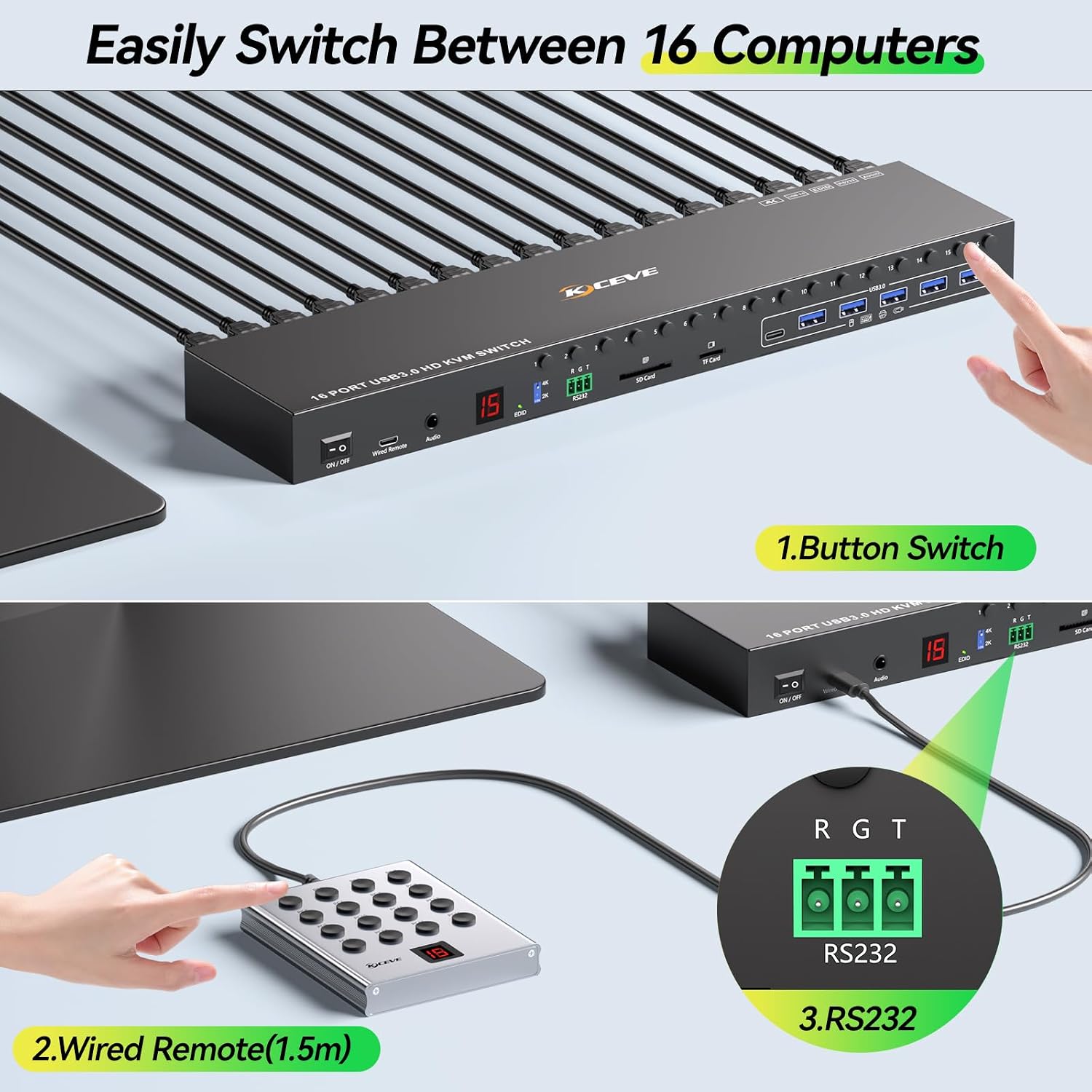 8 Port HDMI Displayport KVM Switch 2 Monitors 8 Computers 4K@60Hz EDID Simulation,8 PC Dual Monitor KVM Switch with 4 USB 3.0 Ports,Audio,RS232,with Wired Remote,12V Power Adapter and 8 USB Cable
