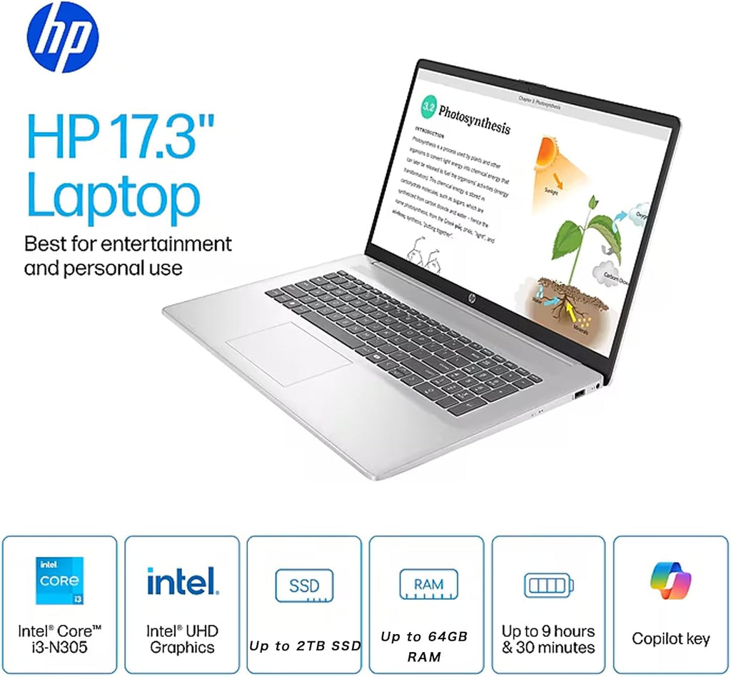 HP 17.3' FHD Laptop, for Business and Students, 17.3' FHD IPS Anti-Glare Display, Intel Core i3-N305 for Everyday Tasks, Long Battery Life, Windows 11 Pro, 16GB RAM, 512GB SSD, Bonus