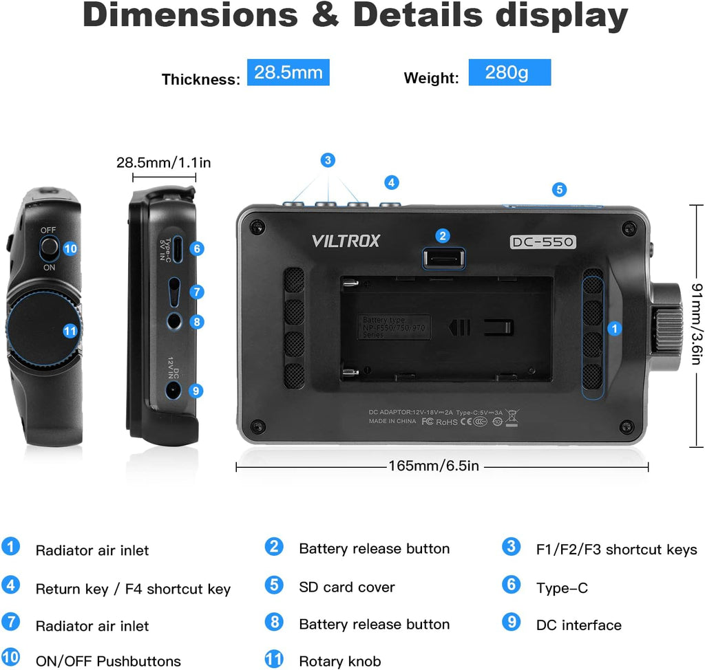 VILTROX DC550 Pro 5.5' Camera Field Monitor Touch Screen, 4K HDMI DSLR Video External Monitor for Sony Canon Nikon, Sunshade Hood,Battery,Storage Bag 1200nit,3DLUT,Focus Peaking,Histogram,False Colors