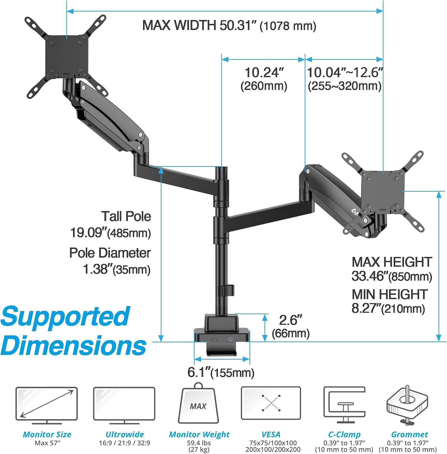 AVLT Dual 57 Inch Heavy Duty Stacking Monitor Arm Pole Top Mount with USB-C&A Ports-Black, Height Adjustable, Easy Install Top C-Clamp/Grommet w/Reinforcement Plates, VESA Compatible 200/100/75