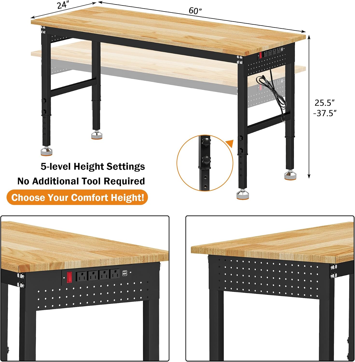 Betterhood Adjustable Height Workbench, 60' Rubber Wood Top Heavy Duty Workstation with Power Outlets, 2000 LBS Load Capacity Hardwood Worktable for Workshop, Garage, Office, Home, Commercial