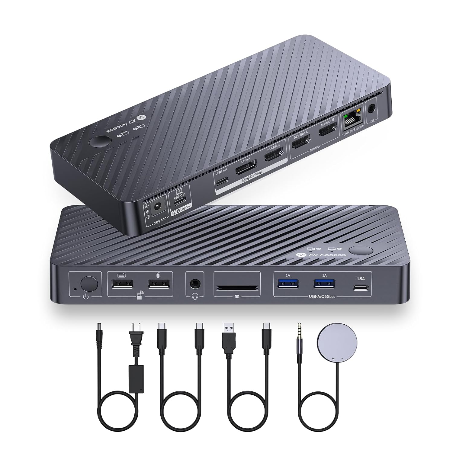 AV Access iDock P10 KVM Docking Station 2 Monitors 2 PCs, GbE, EDID, 5xUSB-A, 65W PD, USB C Hub, 4K@60Hz HDMI & DisplayPort USB C KVM Switch Dual Monitor Laptop & Desktop, Audio, SD, Remote Switch