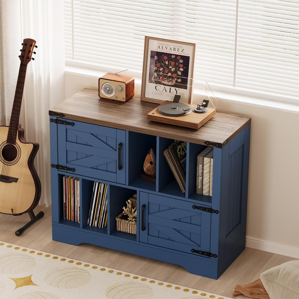 GarveeHome 39in Large Vinyl Record Storage, Farmhouse Wood Turntable Record Player Stand with Storage Cabinet and 2 Barn Doors for Living Room Bedroom, Navy Blue