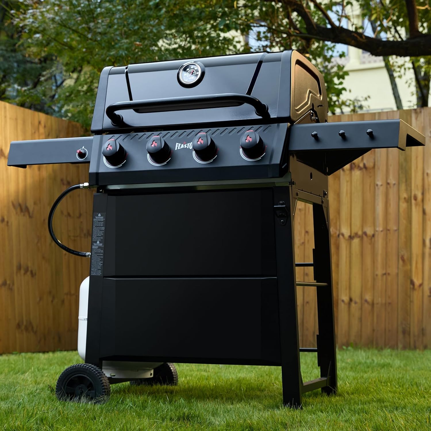 Feasto 4-Burner Gas BBQ Grill with Side Tables, 36,000 BTU Outdoor Propane Grill with Premium Enameled Coated Chamber Body & Porcelain-Enameled Grates for Deck Party & Patio BBQ, 559 Sq. In., Black