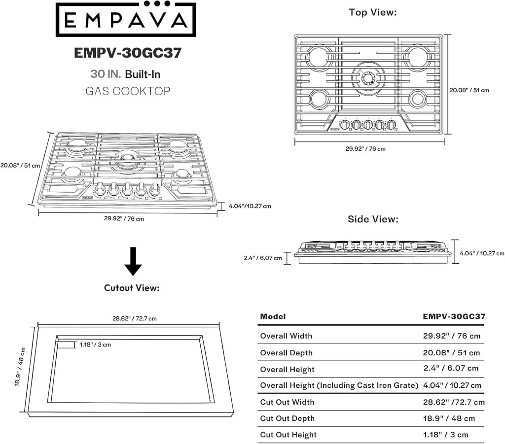 Empava 30-Inch Gas Stove Cooktop - with 5 Italy SABAF Sealed Burner NG/LPG Convertible in Stainless Steel