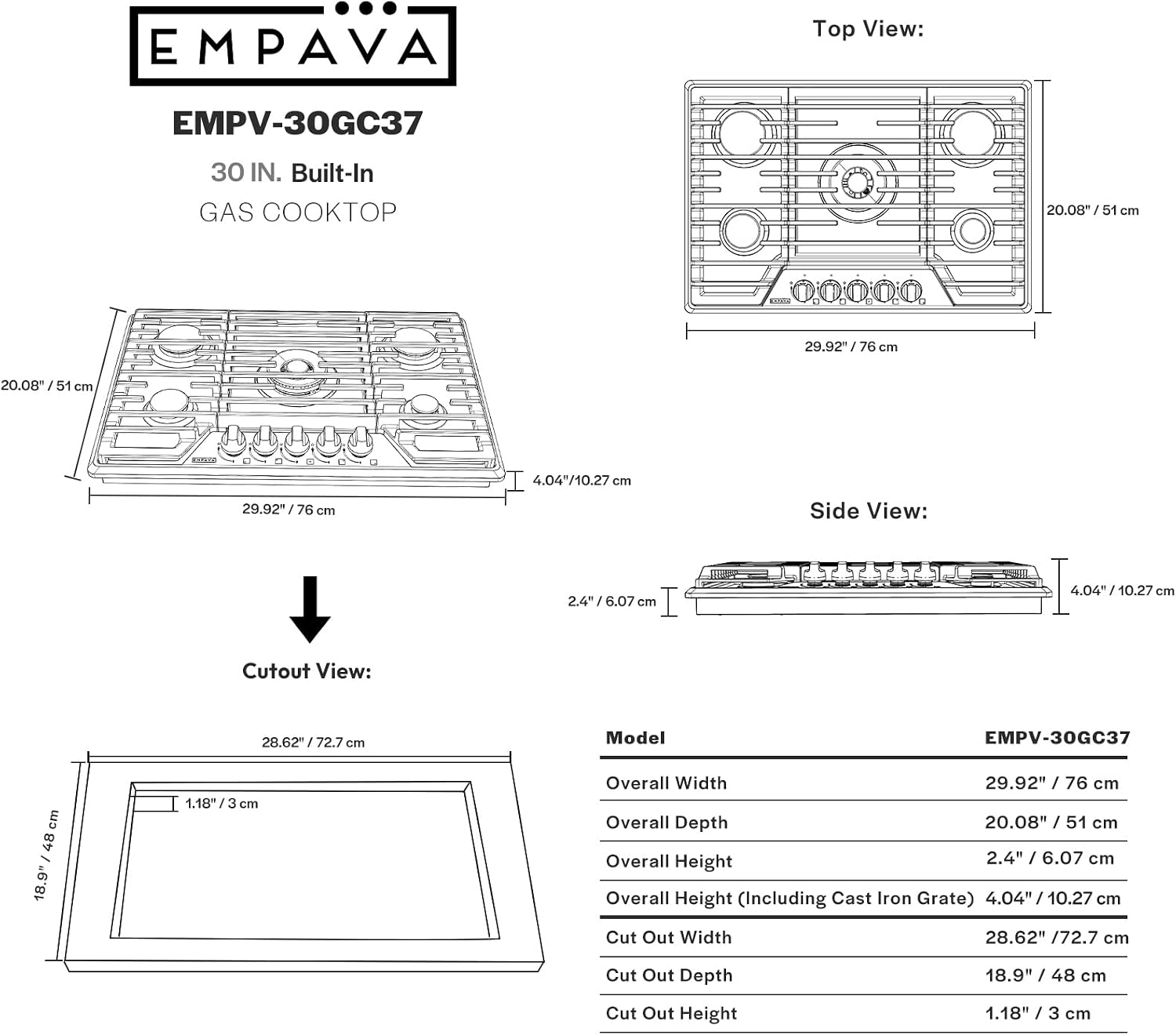 Empava 30-Inch Gas Stove Cooktop - with 5 Italy SABAF Sealed Burner NG/LPG Convertible in Stainless Steel