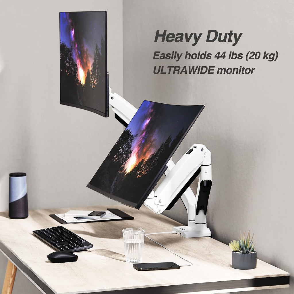 AVLT Dual Monitor Arm Desk Mount for 13'–43' Flat/Curved Screens with USB-A Pass-Through, Full Motion Height Adjustable Swivel Tilt Rotation VESA/C-Clamp/Grommet/Cable Management, White