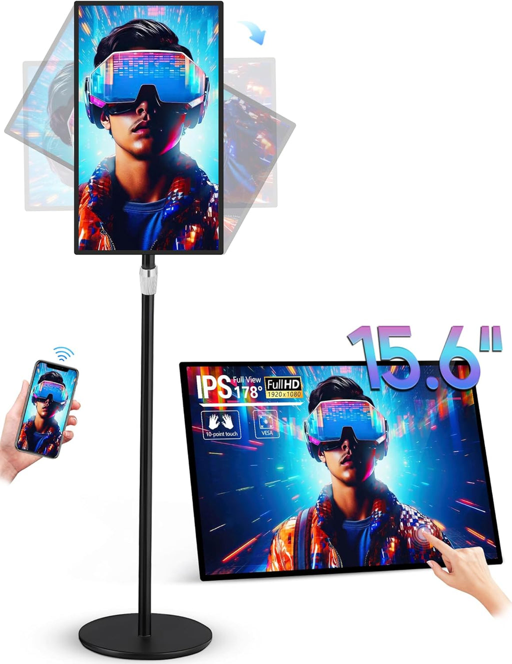 15.6' Digital Signage with 10000mAh Battery, Capacitive Touchscreen Advertising Display, Adjustable Stand, Android 11 Commercial LCD Monitor with Auto Play, Wireless Screen Mirroring, 8+128GB, Black