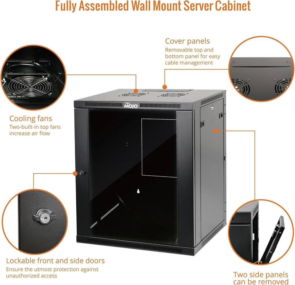 Tecmojo 15U Wall Mount Rack,15U Rack 23.6 Inch Depth,Hold Up to 176 Lbs,Enclosed Wall Mount Rack Kit for 19 Inch Network,Server and AV Gear,Glass Door(Elite Collection)