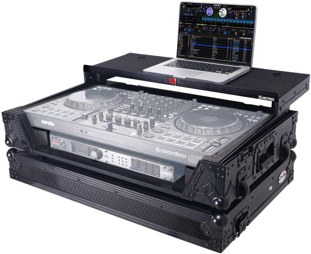 ProX XS-DDJFLX10WLTBL ATA Flight Style Road Case For Pioneer DDJ-FLX10 DJ Controller with Laptop Shelf 1U Rack Space Wheels and LED Black Finish