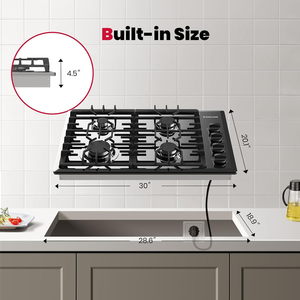 GASLAND Gas Cooktop 30 Inch Black, 4 Sabaf Sealed Burner Gas Stovetop, 4 ft Cord Plug, Cast Iron Grates with Metal Knobs, 28,300 BTU NG/LPG Convertible, Thermocouple Protection, CSA Certified