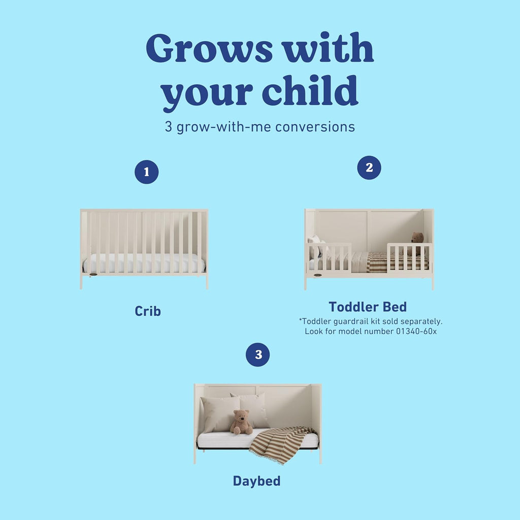 Graco Theo 3-in-1 Convertible Baby Crib - GREENGUARD Gold Certified, Converts to Toddler Bed & Daybed, Fits Standard Full-Size Baby Crib Mattress, 4 Adjustable Mattress Heights (Frosted Oat)