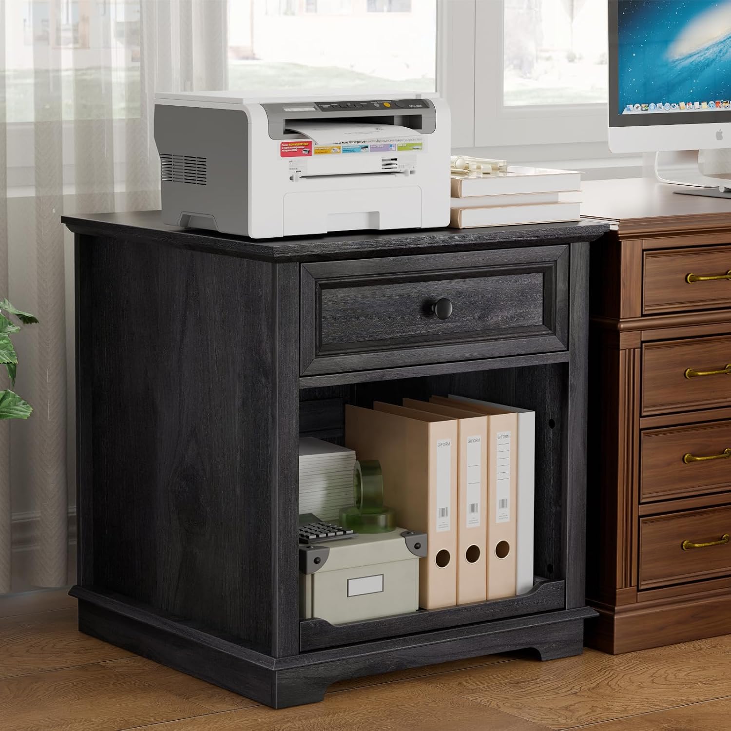 REDAYFUR Lateral File Cabinet 3 Drawer File Cabinet with Charging Station, Printer Stand with Open Adjustable Storage Shelves, Lateral Filing Cabinet for Home Office, Black