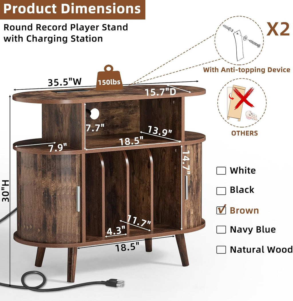 LELELINKY Small Round Record Player Stand with Charging Station & Fluted Panel, Brown Mid Century Modern Turntable Cabinet with Vinyl Storage, Arched Wood Record Player Table for Living Room