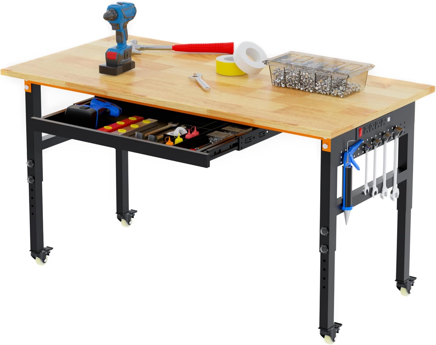 Betterhood 60' Adjustable Workbench on Wheels, 2000 LBS Heavy Duty Work Table with Power Outlets & Pegboard, Rubber Wood Workstation for Garage, Workshop, Office, Home, Commercial