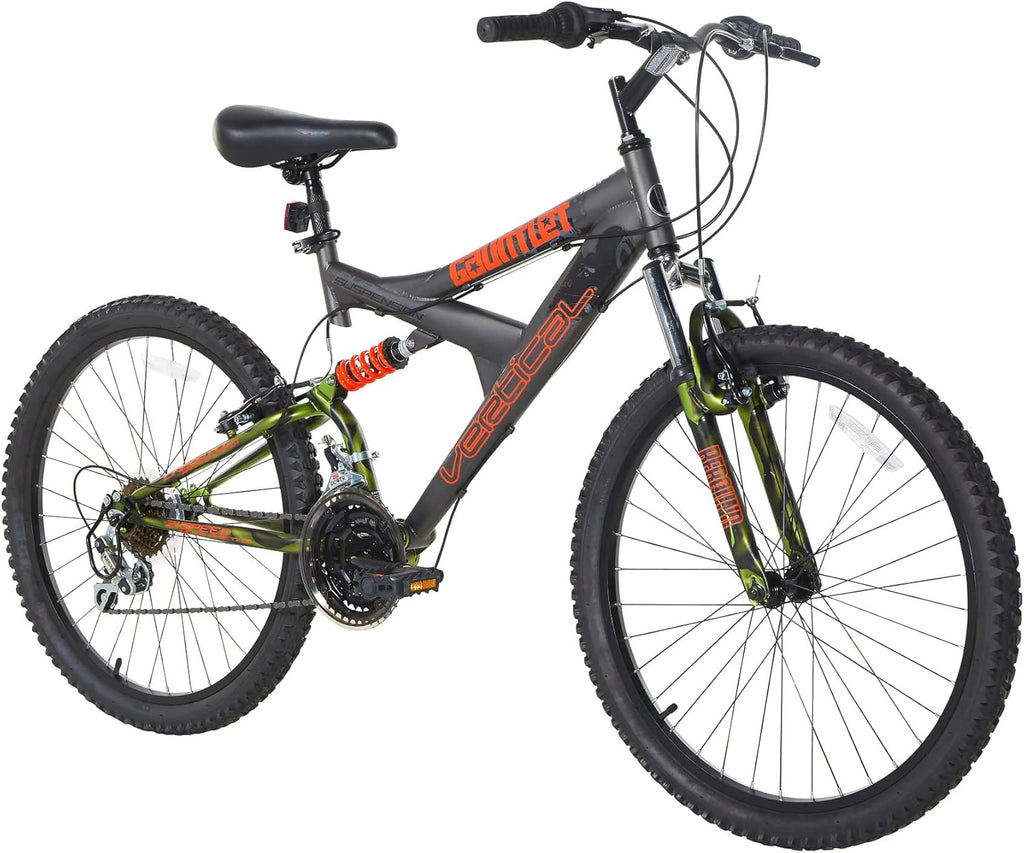 Dynacraft Vertical Gauntlet 24 Inch Bike, Teenager Bicycle Age 13-17, Mountain Bike for Men, 21 Speed Shimano Gear Shifters, Full Suspension, Adult Bicycle, Trail Ready Design