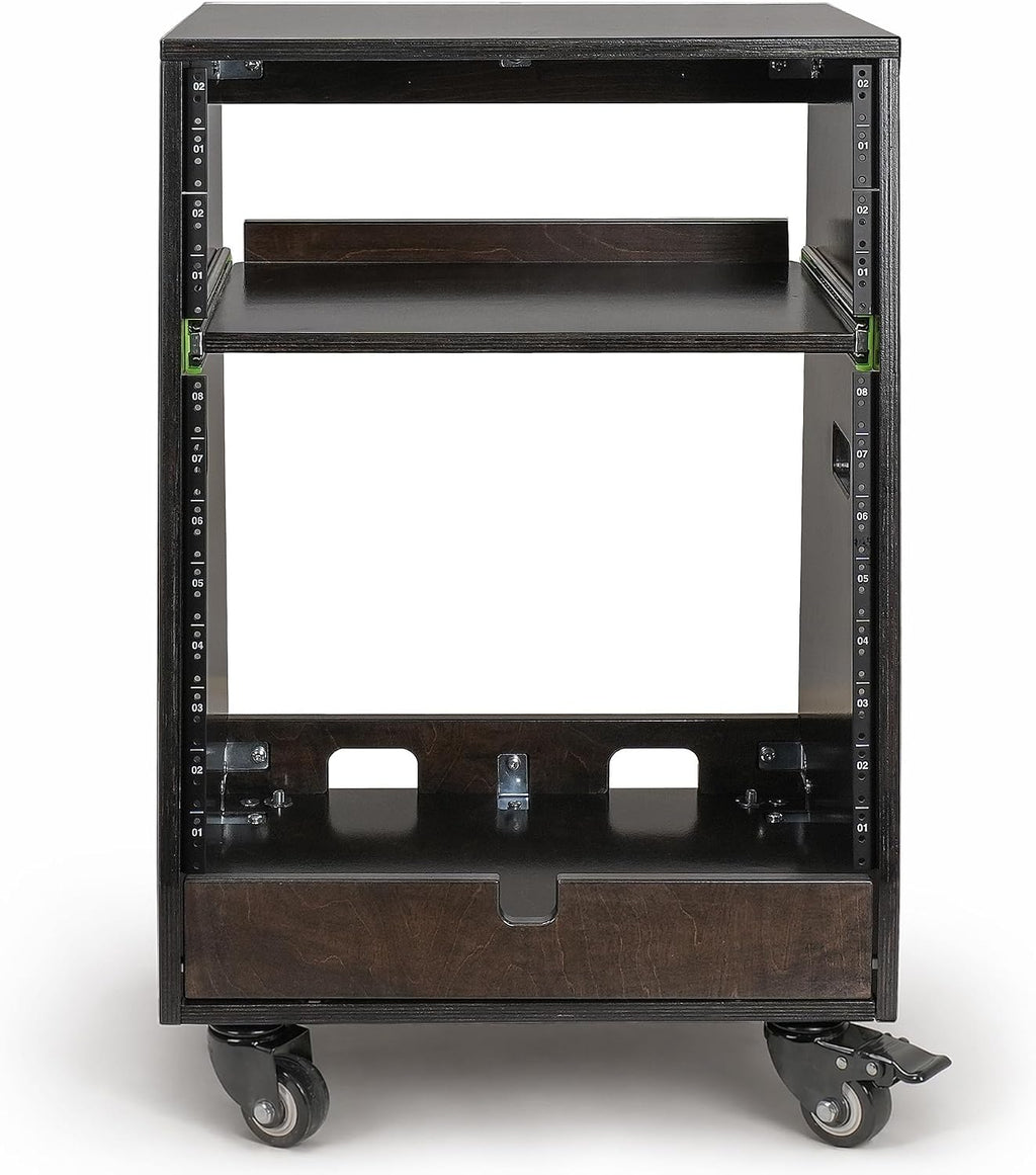 Sound Town DIY Slanted 12U Studio Rack (4U Top + 8U Lower) with 2U Bottom Storage, Slide-Out Tray, Casters, for Home Studio and Recording Room, Birch Plywood, Black Espresso (SDRK-ST12TD)