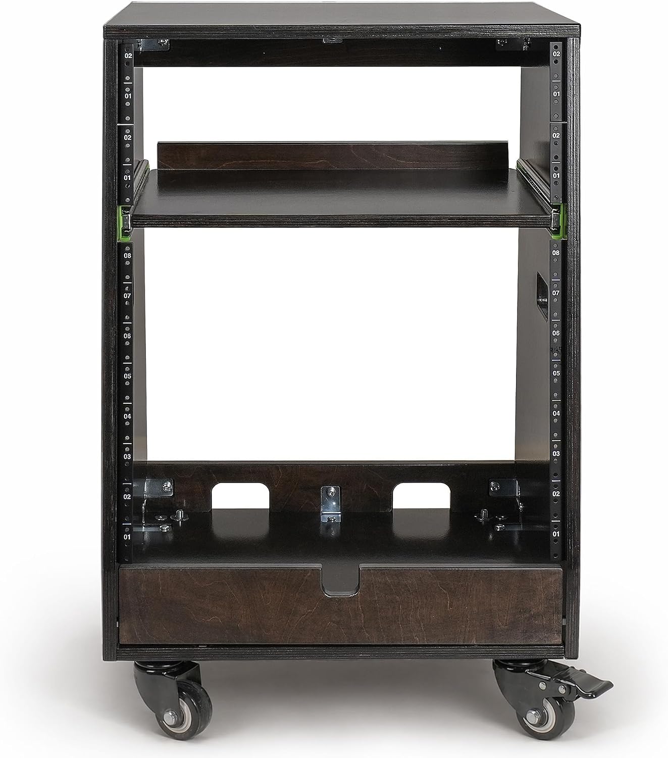 Sound Town DIY Slanted 12U Studio Rack (4U Top + 8U Lower) with 2U Bottom Storage, Slide-Out Tray, Casters, for Home Studio and Recording Room, Birch Plywood, Black Espresso (SDRK-ST12TD)