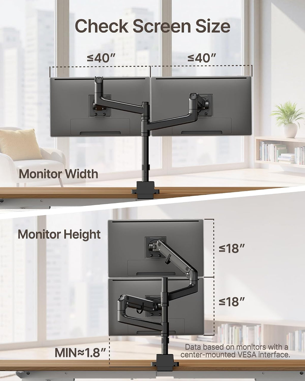 monTEK 17-57 Inch Dual Ultrawide Monitor Arm for Up to 59.4lbs Screen, Aluminum Heavy-Duty Gas Spring Vertical Stackable Curved Screen Adjustable Monitor Stand,75/100mm Vesa Mount, Black