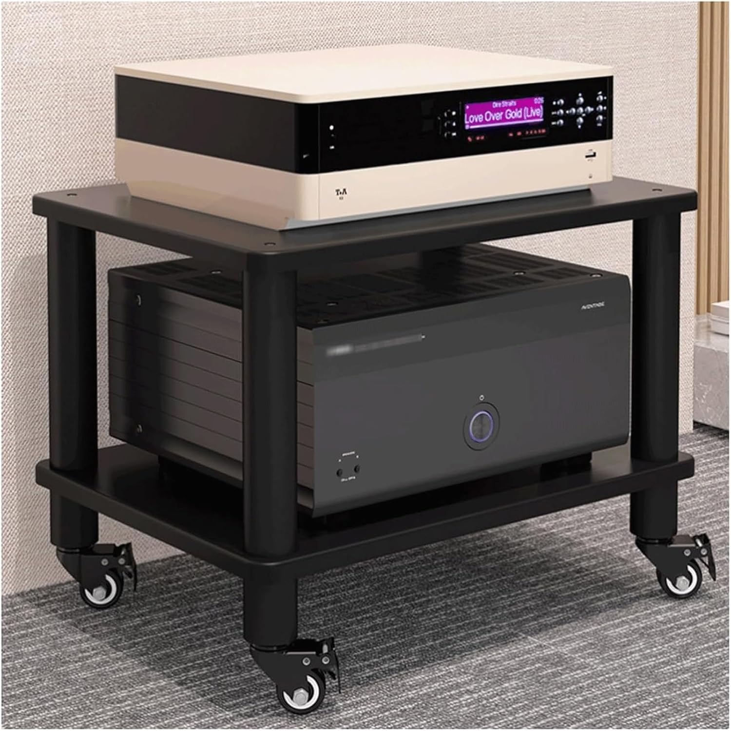 Audio Rack Stereo Rack Wooden Audio Equipment Rack Audio Open Rack Cabinet HiFi Rack Audio-Video Shelving with Wheels Movable(Nero,2 Tier)