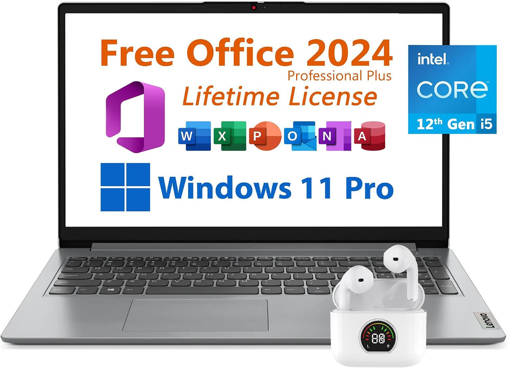 Lenovo 15.6' Business Laptop, Free Office 2024 with Lifetime License, FHD Display, Intel 10-Core i5-1235U Upto 4.4 GHz, 8GB RAM, 256GB SSD, WiFi 6, 7 Hrs Battery, Windows 11 Pro, Toree Earbuds