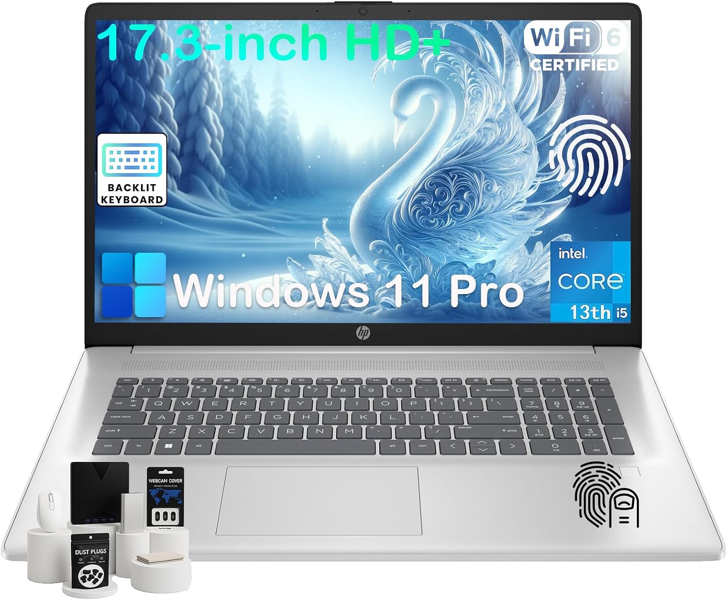 HP 17 Laptop Computer for Business, 64GB RAM, 2TB SSD, Intel 10-Core i5-1334U, 17.3' HD+ Anti-Glare Display, Win11 Pro, Backlit Keyboard, Fingerprint, Numeric Keypad, 720p HD Camera, w/Accessories