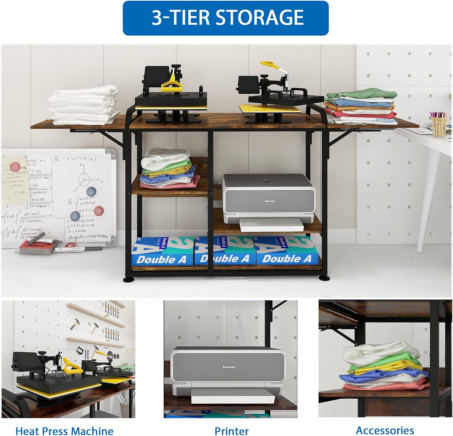 PUNCIA Large 3 Tier DIY Heat Transfer Press Machine Stands Heavy Duty Workbench with Folding Working Table for Sublimation Transfer Machine Metal Shelf Storage Organization