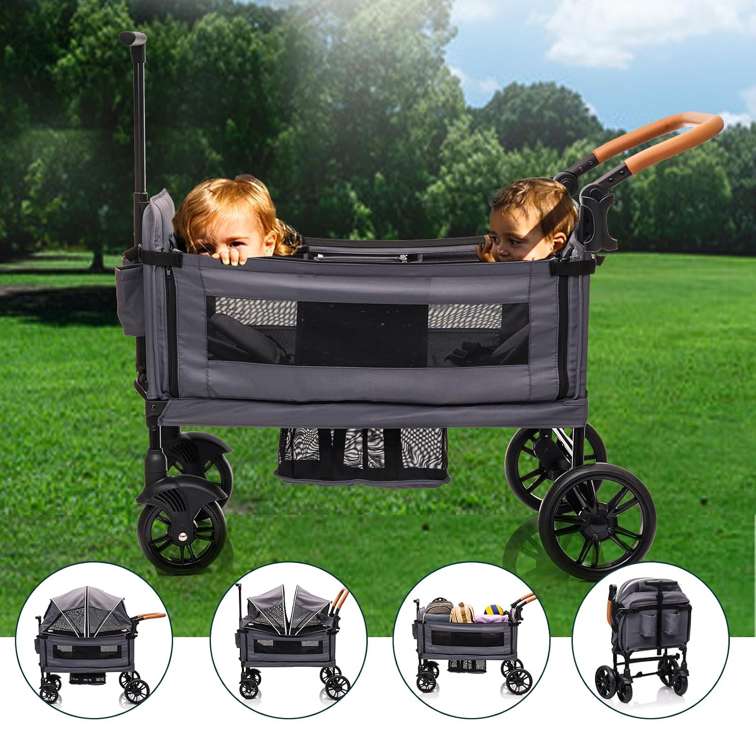 Luxury Wagon Stroller for 2 Kids & Cargo-Lightweight Foldable Travel Push Pull All-Terrain Double Wagon for Newborn&Toddler with 5-Point Harness,Adjustable Handle, Canopy,Tray Table,Cup Holder