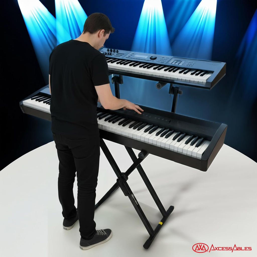AxcessAbles Dual Piano Keyboard Stand with 2nd Tier – X Style Adjustable and Portable Heavy Duty 2 Tier Stand for Synths, Laptops, Tablet, Sheet music and Digital Keyboards – Fits 54, 61, 64, 88 Key Pianos. Electric Piano and Sheet Music Stand