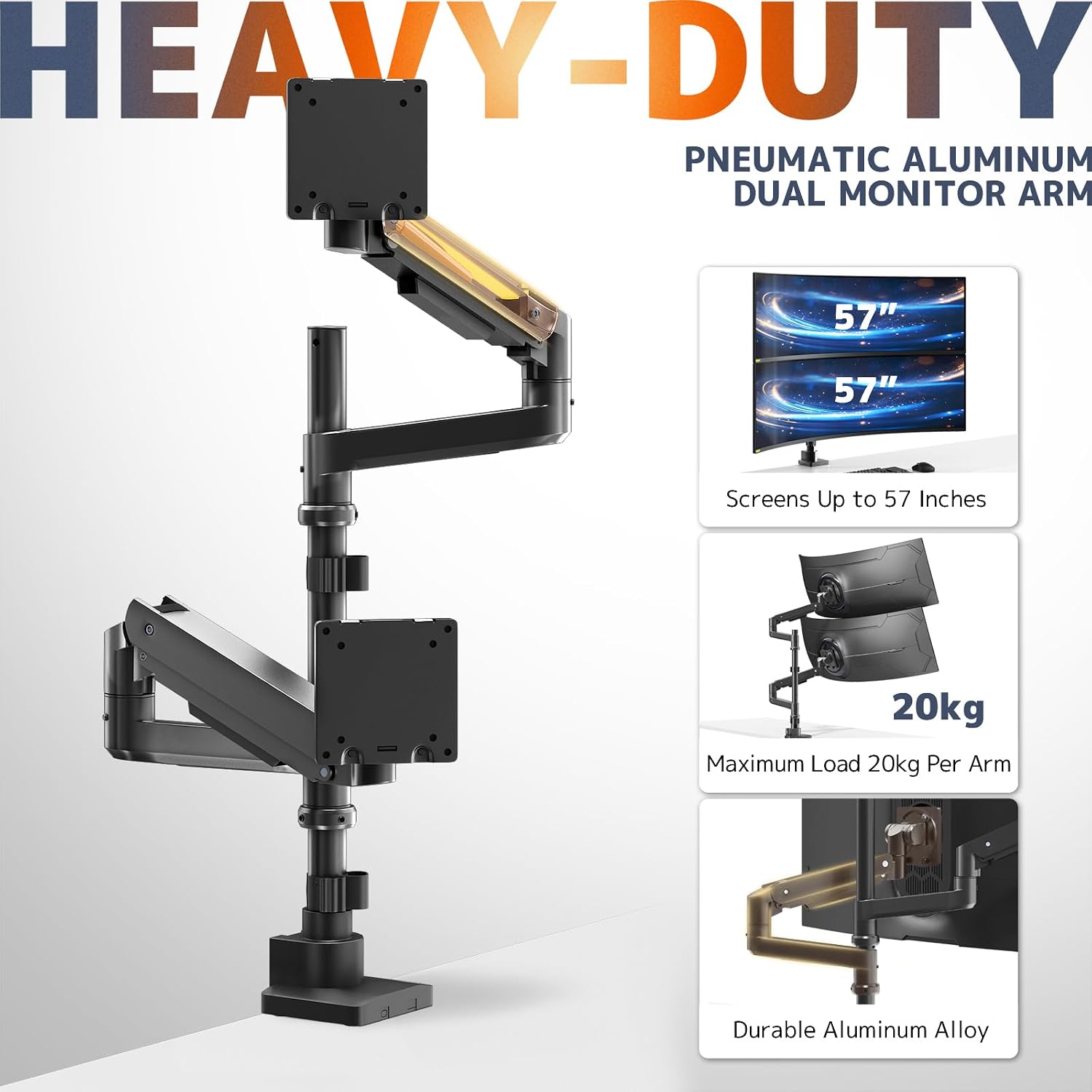 Dual Monitor-Arm Heavy-Duty for 17-57-Inch Screens - 23.8'' Tall Vertical Dual Monitor Mount, Fully Adjustable Stacked Double Monitor Desk Mount Stand, Max Load 44 lbs/Screen, VESA 75/100 mm, Black