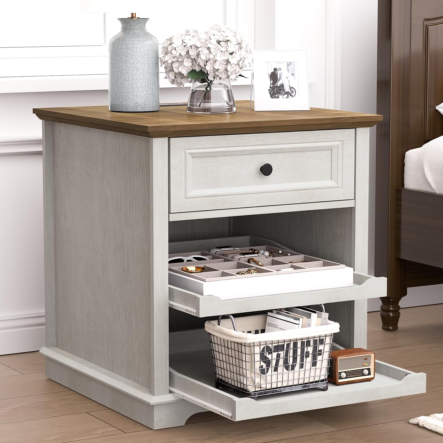 REDAYFUR Lateral File Cabinet 3 Drawer File Cabinet with Charging Station, Printer Stand with Open Adjustable Storage Shelves, Lateral Filing Cabinet for Home Office