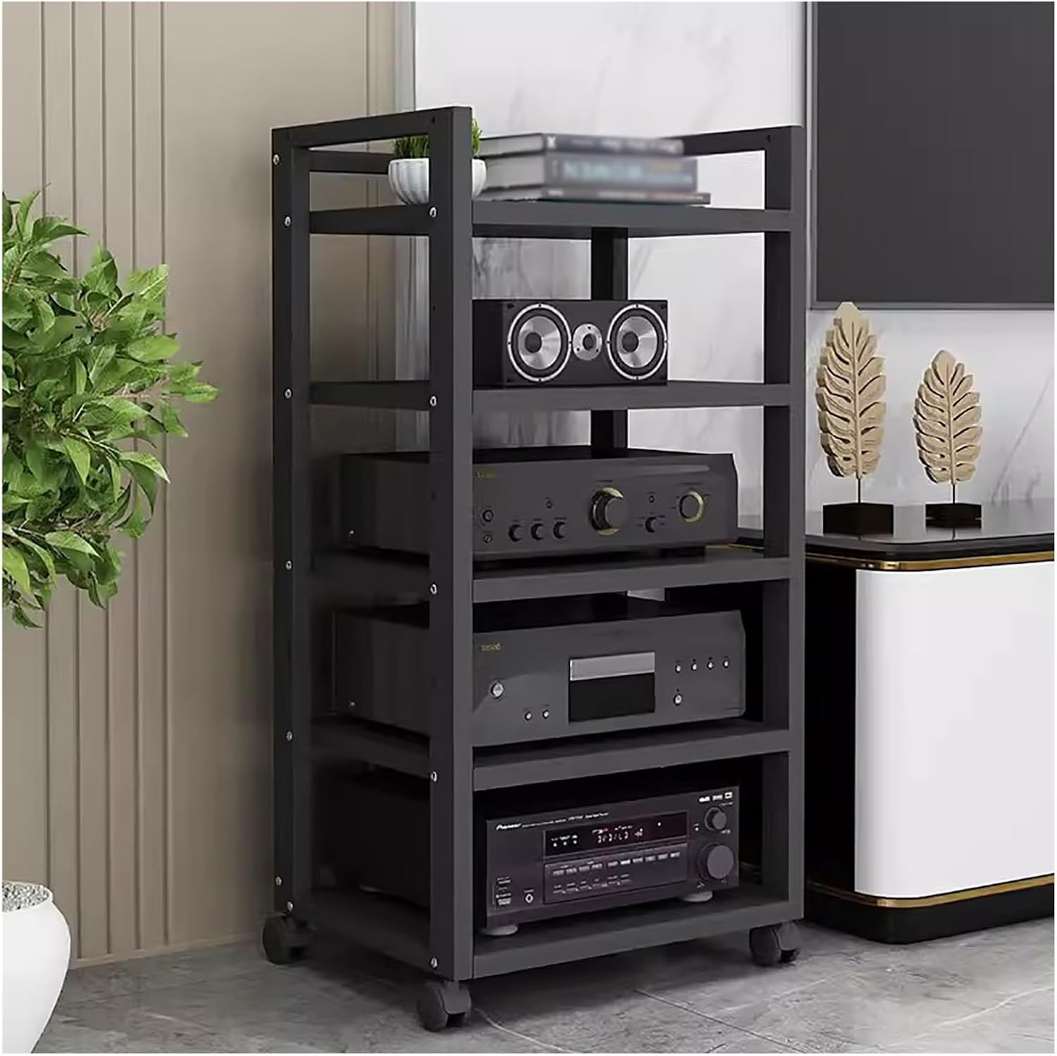 Audio Component Rack Media Stereo Stand Equipment Shelf 3 4 5 Tier, Free Standing Heavy Duty Media Storage Stands on Wheels, Commercial Home（Black-#1-5 layer）