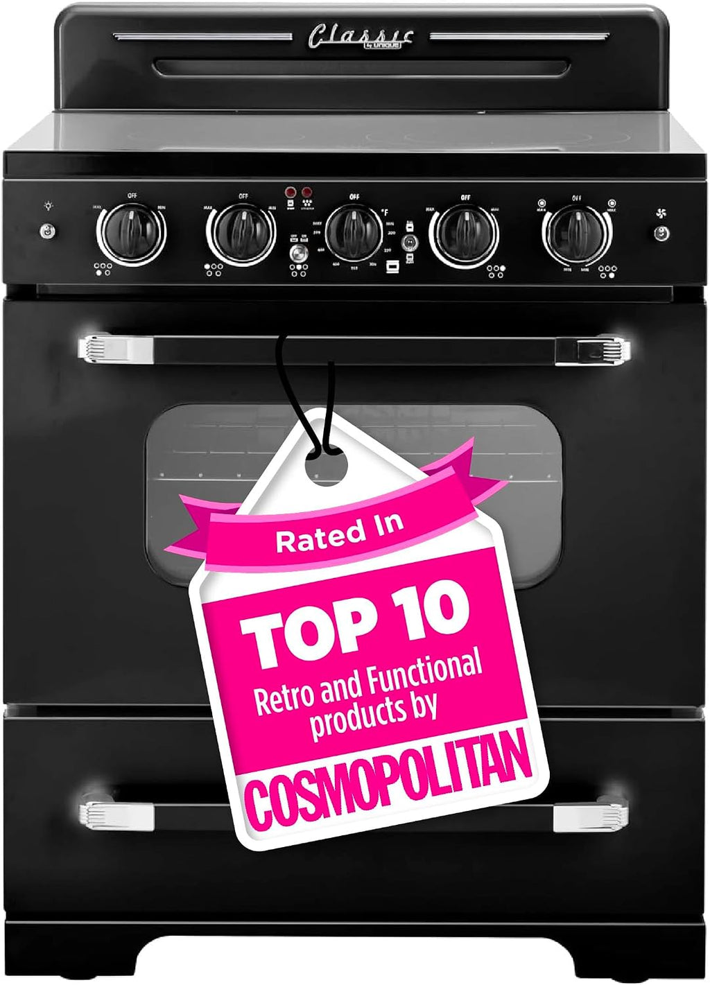 Unique Appliances Classic Retro Radiant Electric Range, Freestanding Electric Range with 5-Element Glass Cooktop, Convection Oven, and Oven Light, 30', Midnight Black