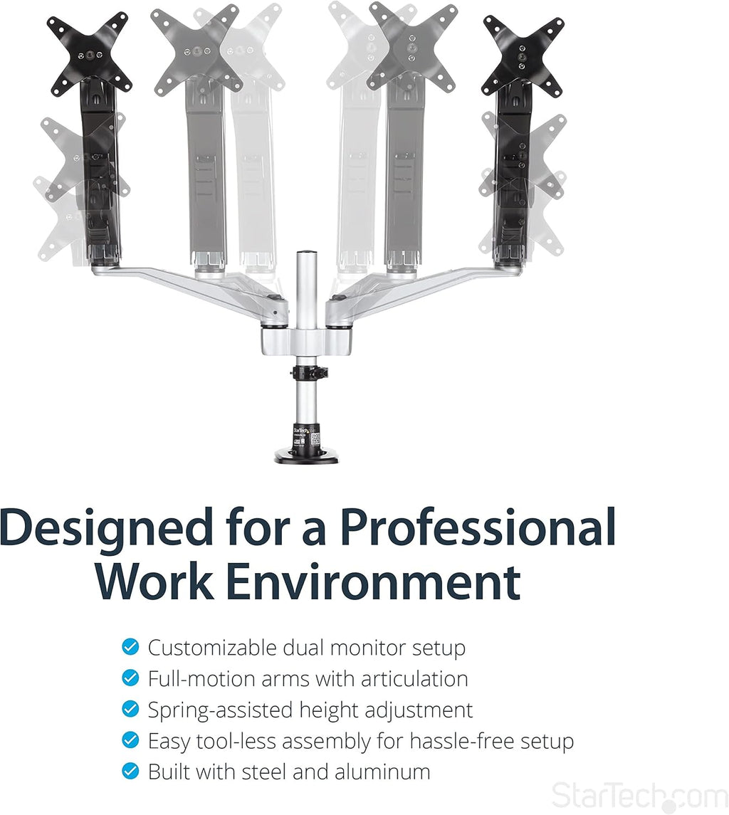 StarTech.com Desk Mount Dual Monitor Arm - Articulating - Supports VESA Monitors 12'' to 30' (19.8lb/9kg) - Adjustable - Grommet/Desk Mount - Premium - Silver, TAA (ARMDUAL30)