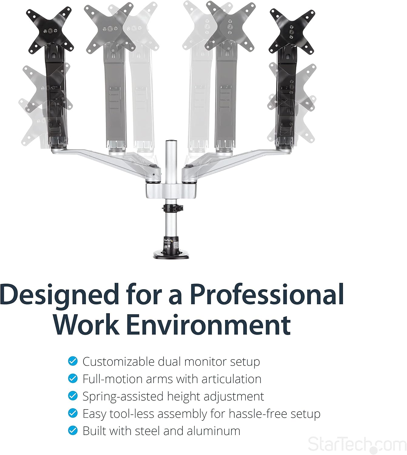 StarTech.com Desk Mount Dual Monitor Arm - Articulating - Supports VESA Monitors 12'' to 30' (19.8lb/9kg) - Adjustable - Grommet/Desk Mount - Premium - Silver, TAA (ARMDUAL30)