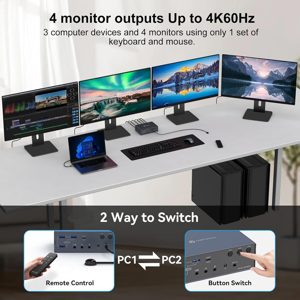 USB C KVM Switch Docking Station 3 Computers 4 Monitors for M1 M2 M3 M4 with Displaylink Technology,4K60Hz HDMI KVM Multi-Monitor Extended/Mirrored Display Out for Windows Mac