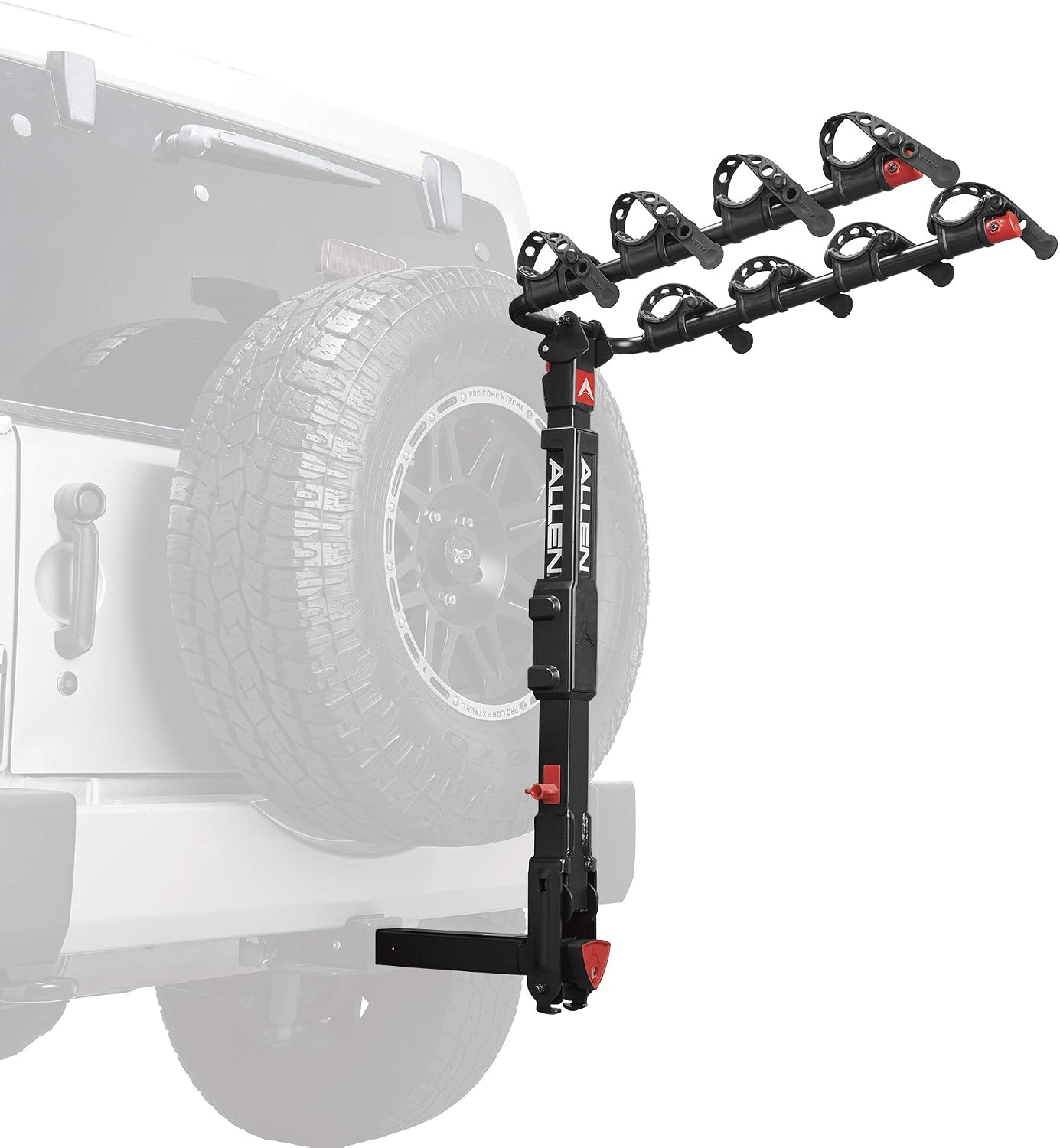 Allen Sports Premier Locking Quick Release 4-Bike Carrier for 2 Inch Hitch on Vehicles with Spare Tire, Model 400QR, Black & Tension Bar Bicycle Cross-Bar Adaptor, Black, One Size