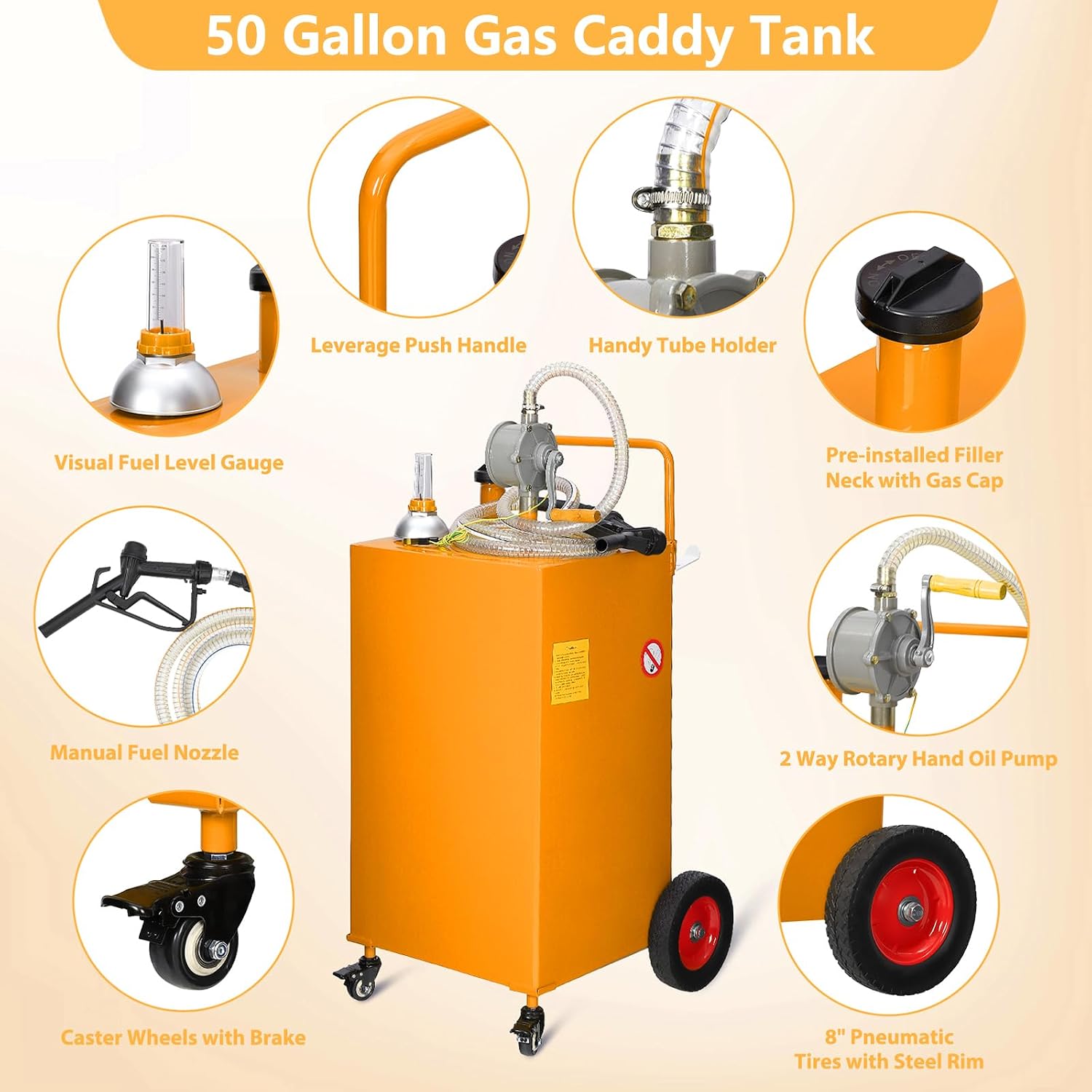 Garvee 50 gal Fuel Caddy with Manual Pump – Heavy Duty Gasoline & Diesel Transfer Tank On 4 Wheels, Spill-Proof Portable Fuel Container for Boat, Truck, Lawn Mower, ATV, Garage & Farm – Orange