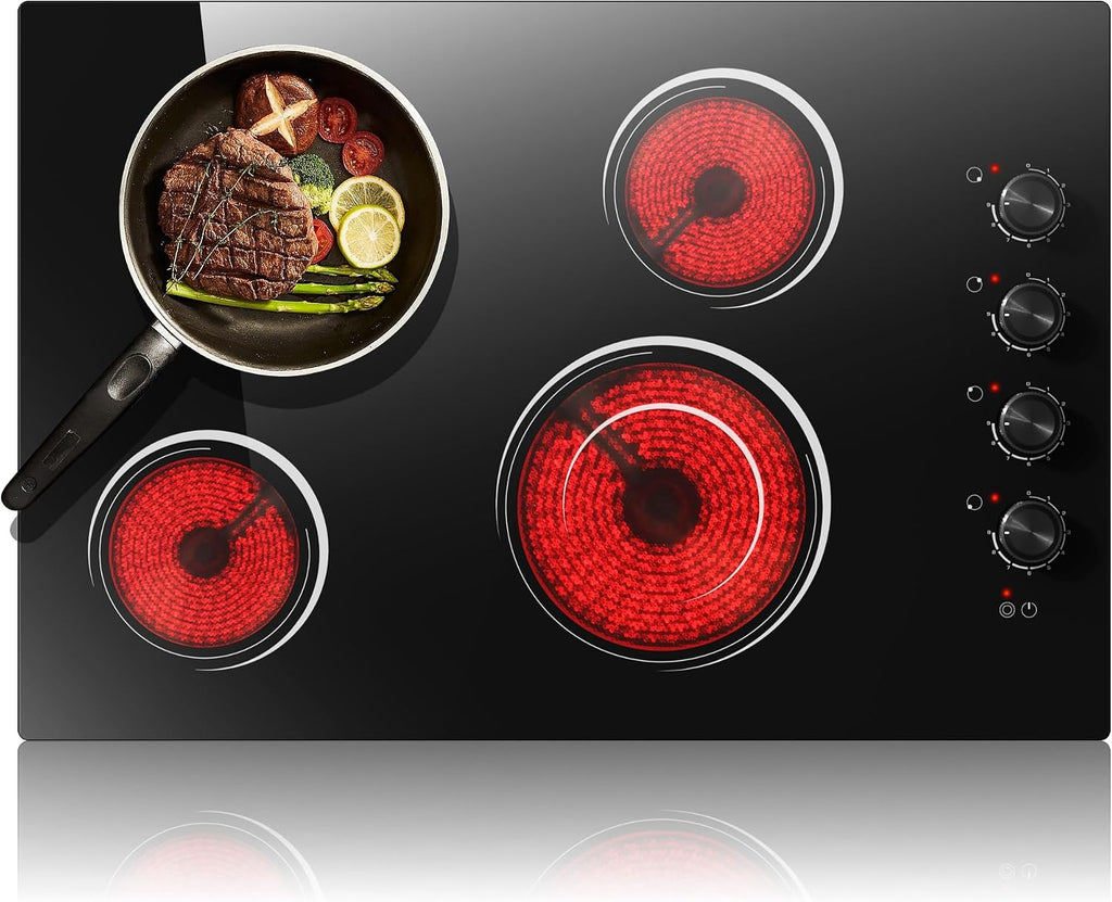 30 Inch Electric Cooktop 4 Burners with Knob Control,6700W Built-in Radiant Electric Cooktop, 9 Power Levels, Hot Warning, 220V Hard Wire(No Plug)