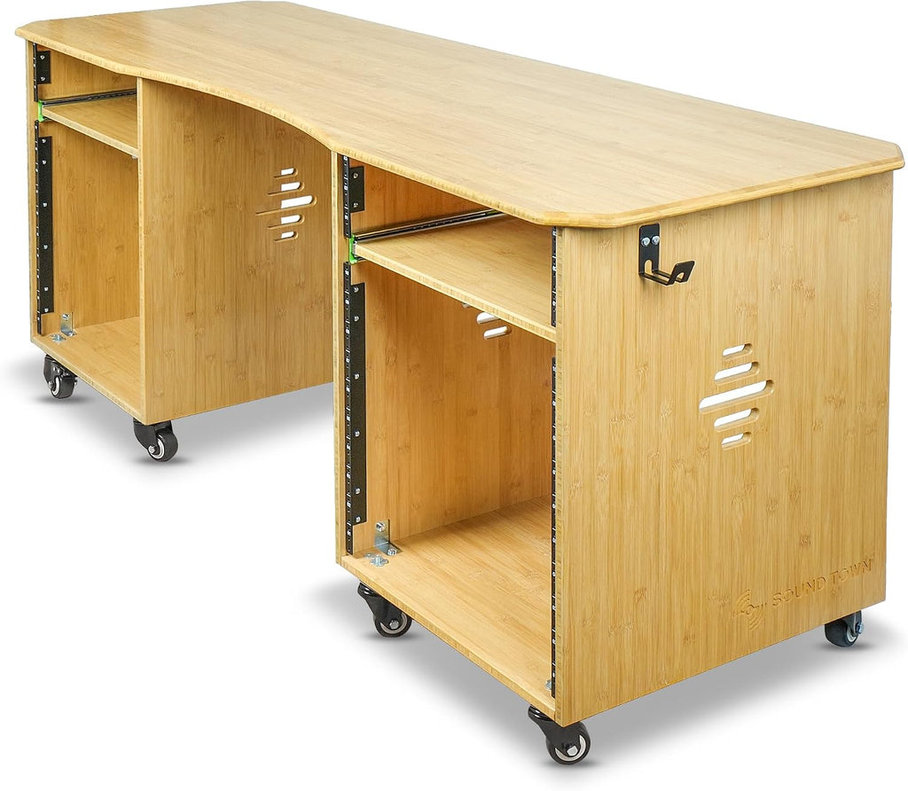 Sound Town Studio Desk Workstation with Dual 13U Side Rack Cabinets, Slide-Out Trays, Casters, for Recording Rooms and Home, Solid Carbonized Bamboo (SDRK-WS69CB)