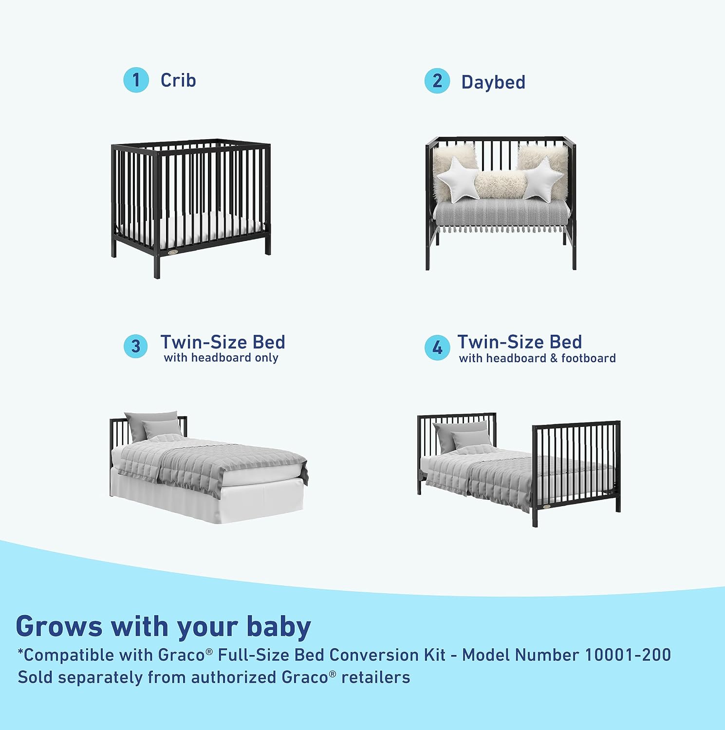 Graco Teddi 4-in-1 Convertible Mini Crib with Bonus Water-Resistant Mattress – GREENGUARD Gold Certified, 2.75-Inch Mattress Included, Small Spaces Crib, Easy 30-Minute Assembly (Black)