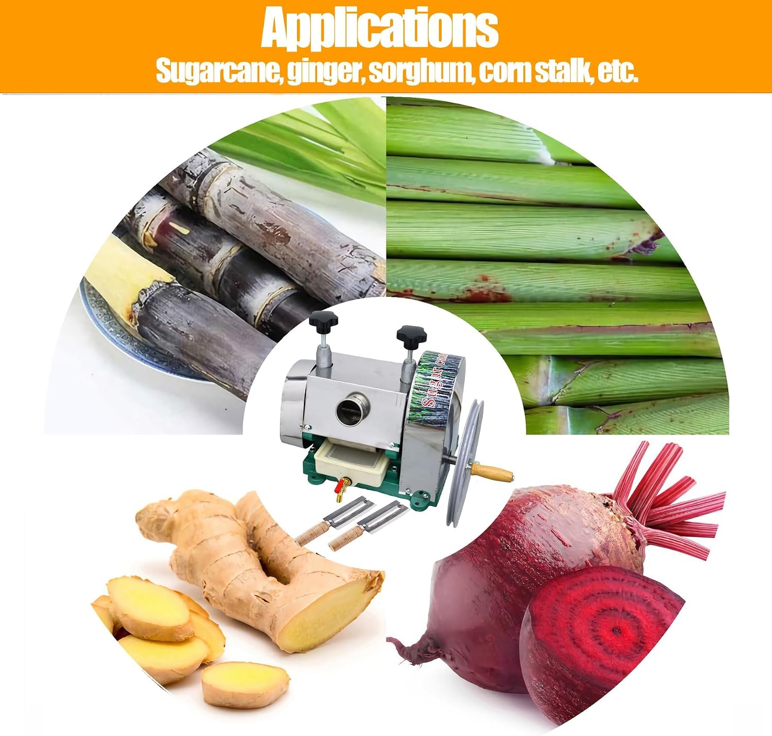 TECHTONGDA Manual Sugar Cane Juice Machine, Stainless Steel Sugarcane Press Juicer, Commercial Ginger Press Extractor with Handwheel & 2 Peeling Knives for Homes Shops